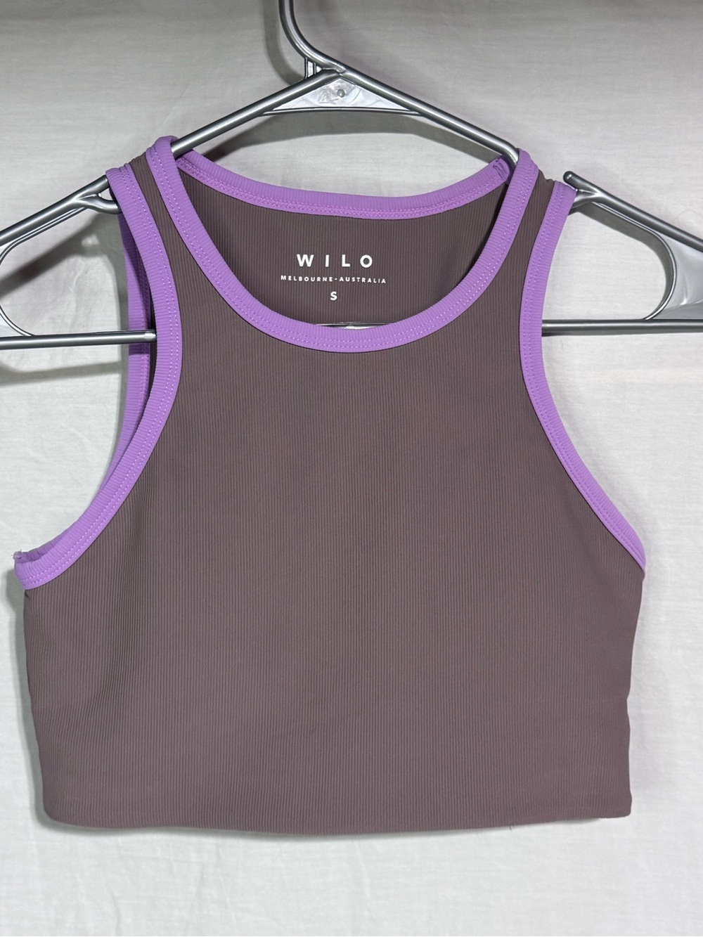 WILO Brown Crop Sports Bra with Purple Trim